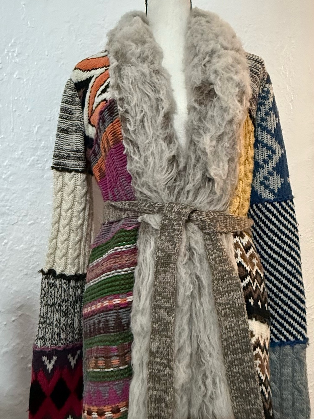 Desigual Multi-Color Patchwork Knit Cardigan with Gray Fur Trim Size Small